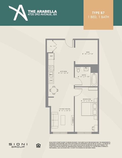 Floor plan for 2 beds, 1 bath, 668 sqft
